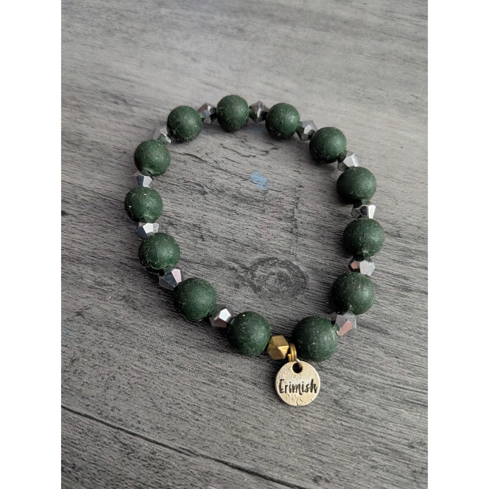 Erimish Beaded Stretch Bracelet Dark Green Matte Beads Silver Spacers Logo Charm